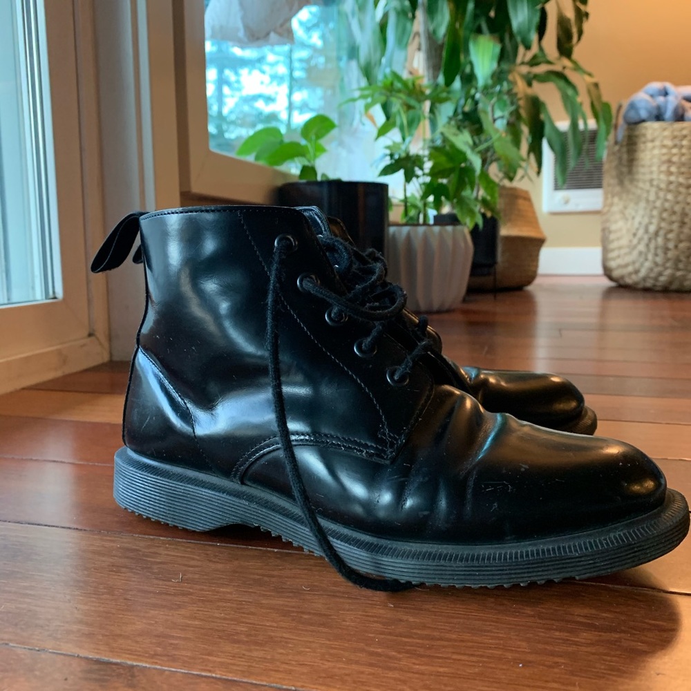 black patent leather low-top Dr Martens